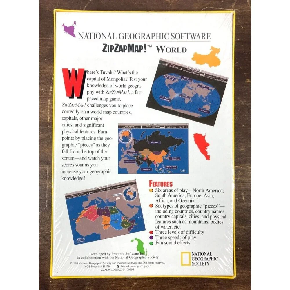 National Geographic Software Zip Zap Map! World Macintosh Mac 1994 New Sealed